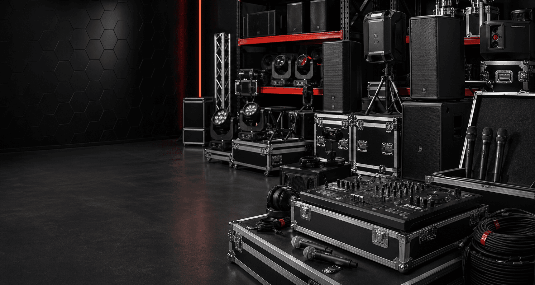 Event AV rental gear, speakers, lighting, and flight cases prepared for dispatch